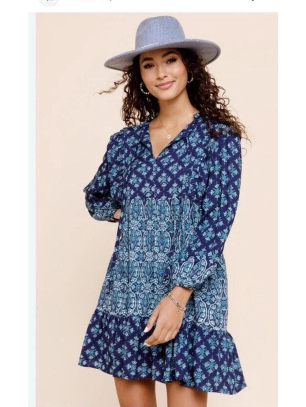 Adorable Blue Rain Prairie Dress L Tiered Navy Blue Ruffled Peasant Tie Neck
